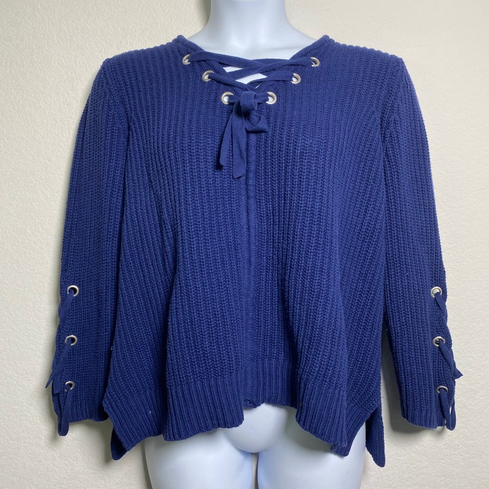 Lane Bryant Womens Plus Size 18/20 Blue Lace-Up Knit Sweater‎ Cozy Casual Lounge